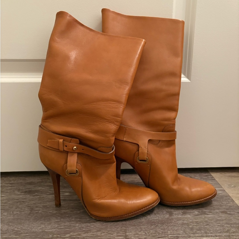 Ralph Lauren Purple Label Cognac Leather High-Heel Slouch Boots